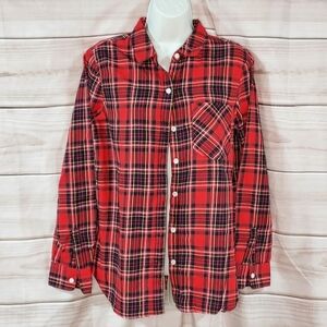 Old Navy tartan plaid flannel button up shirt long sleeve red black gold white M